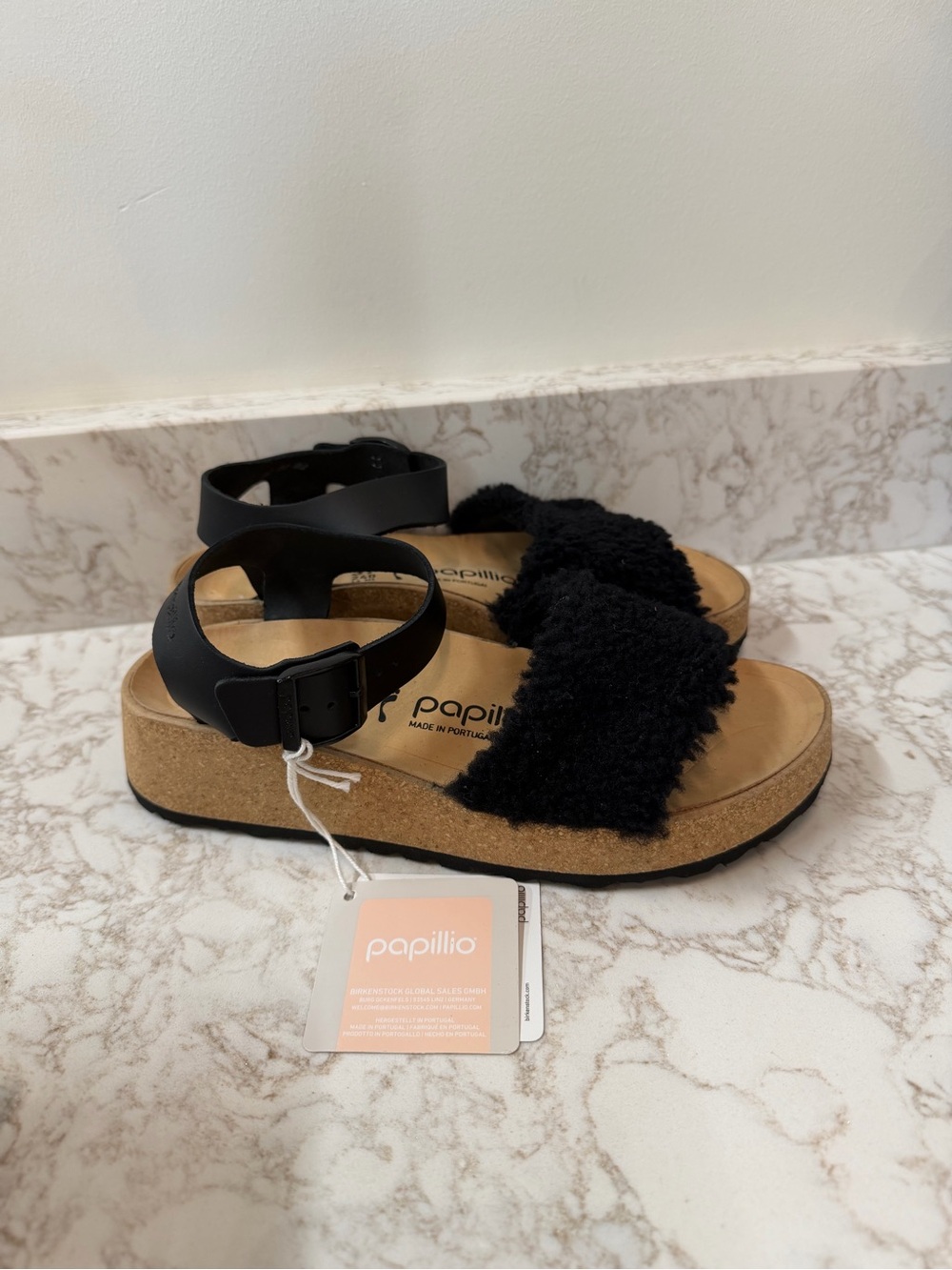 Papillio Black Faux-Shearling Cork Platform Sandals